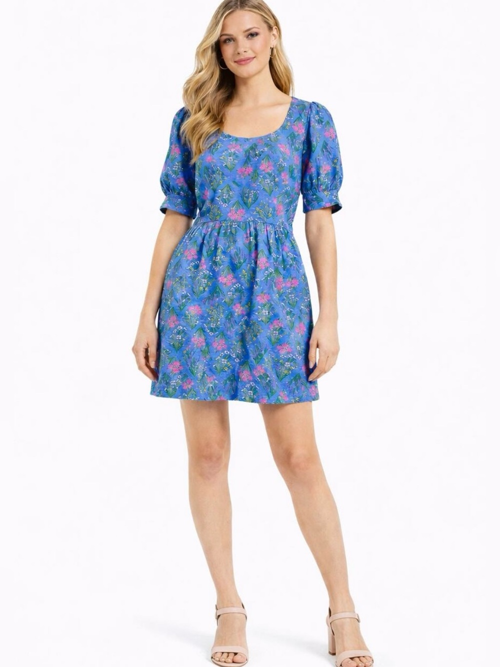 Linen Blend Blue Botanical Floral Puff Sleeve Fit & Flare Mini Dress Cottagecore